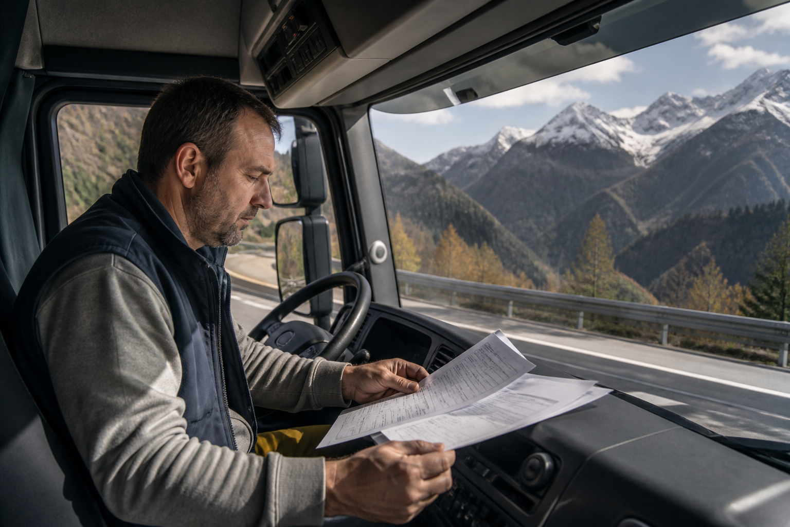 Un chauffeur de poids lourd en cabine, consultant des documents officiels posés sur le tableau de bord, dans un cadre routier suisse avec montagnes en arrière-plan