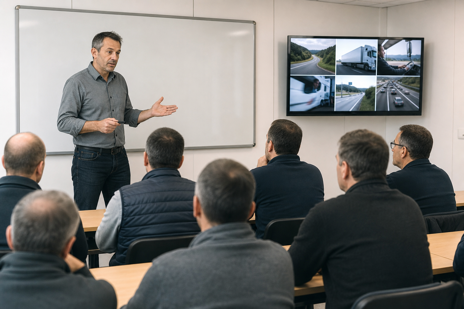 Un formateur debout devant un groupe de chauffeurs professionnels en salle de cours, avec tableau blanc et matériel pédagogique sur les thèmes de la sécurité routière, sans texte visible