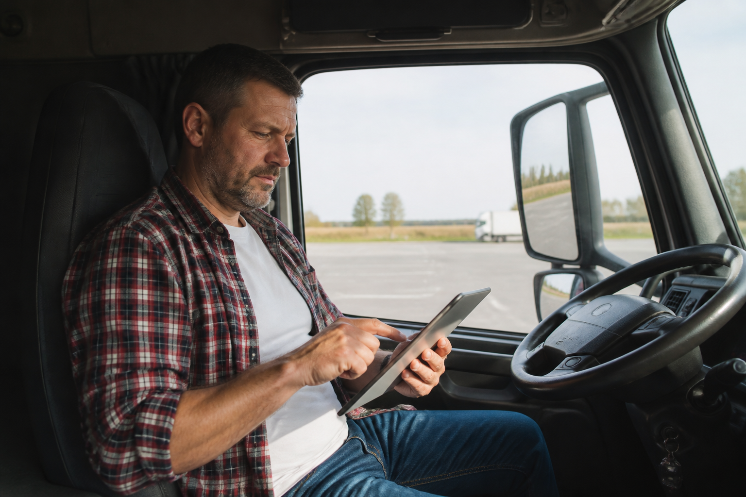 Un conducteur de poids lourd en train de consulter des documents de formation sur une tablette, assis dans la cabine de son camion garé dans une aire de repos, sans texte visible à l'écran