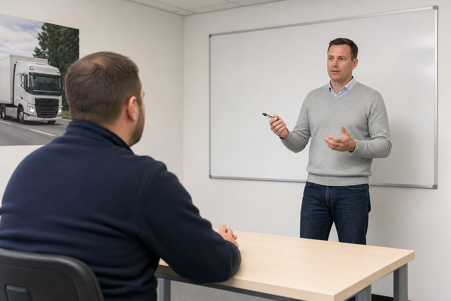 Un chauffeur professionnel assis à la table d'une salle de formation, écoutant un formateur devant un tableau blanc, dans un environnement de centre de formation routière